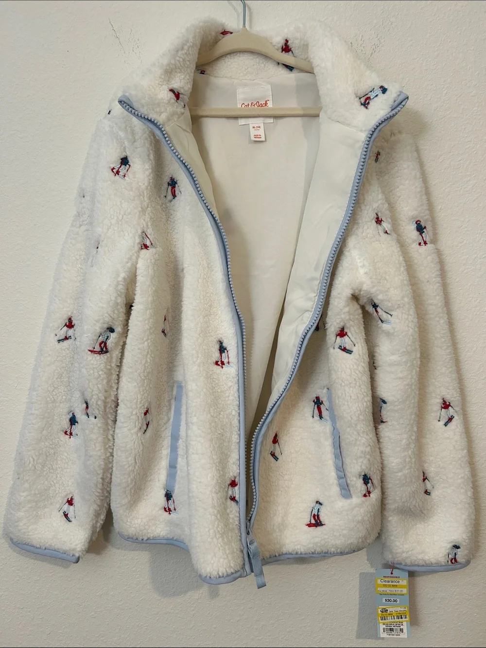 Cat & Jack White Plush Sherpa Jacket with Skier Print and Light Blue Trim
